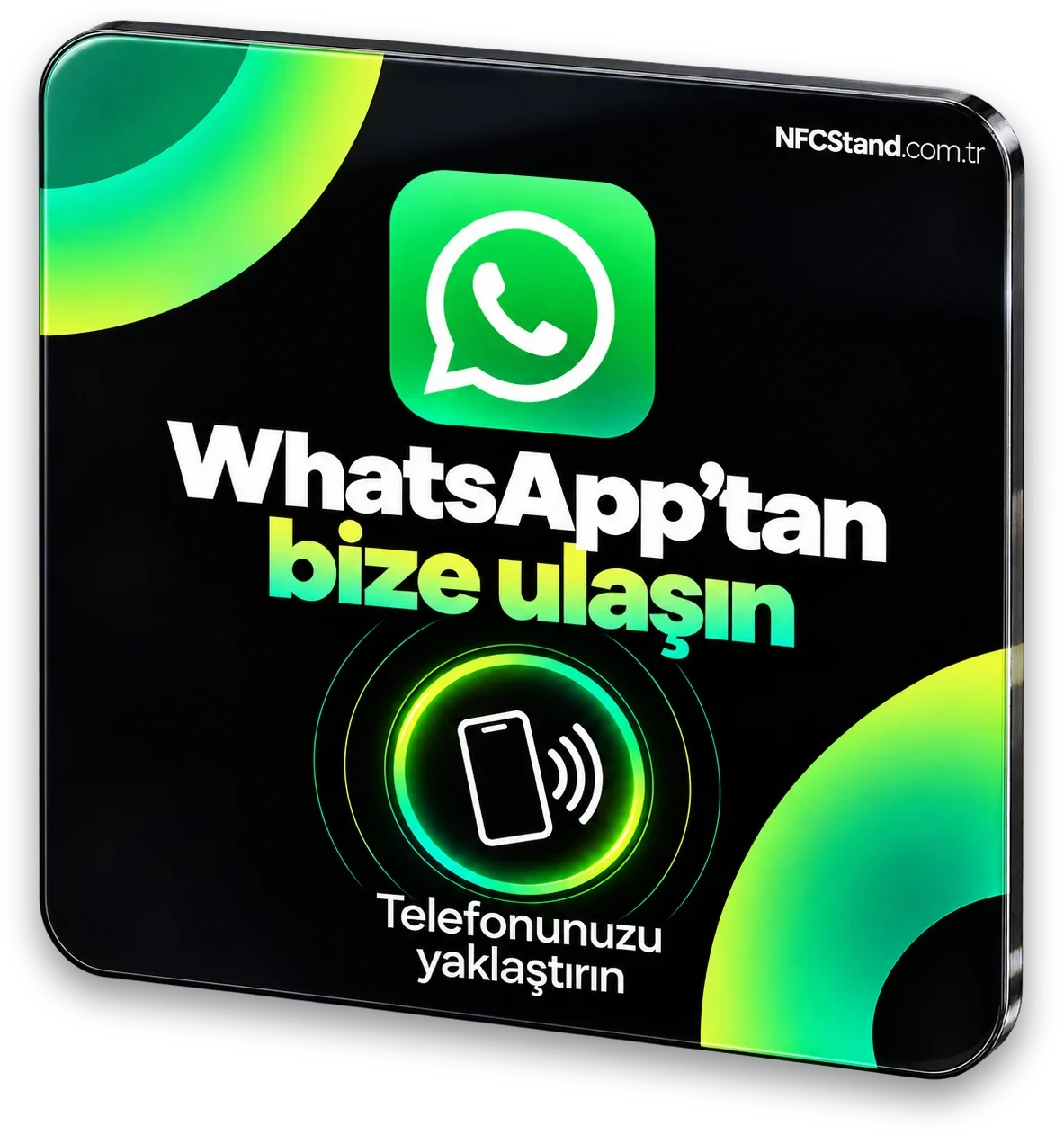 Siyah zeminli, köşeleri yeşil, “WhatsApp’tan bize ulaşın” yazılı NFC kartı